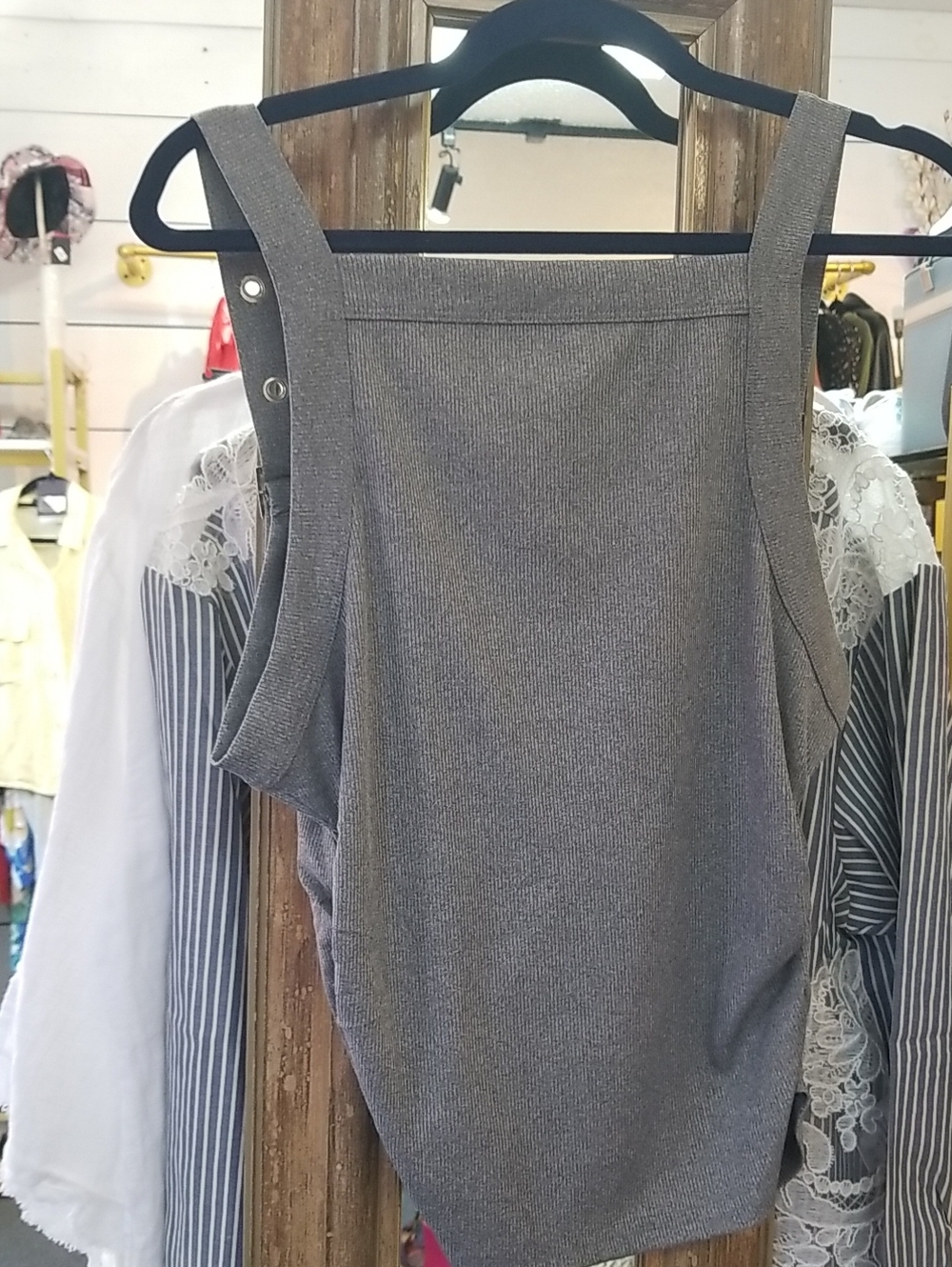 Gray Ribbed Square-Neck Women's Tank Top
